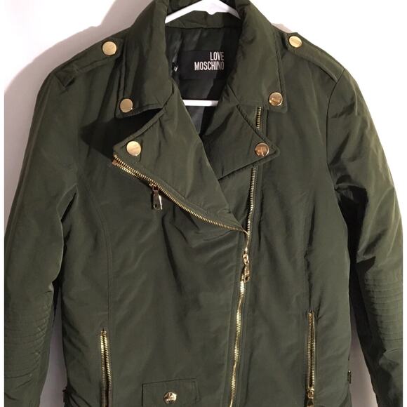 Love Moschino Women's Size 6 Olive Green Nylon Moto Biker Style Zipper Jacket - Picture 4 of 6
